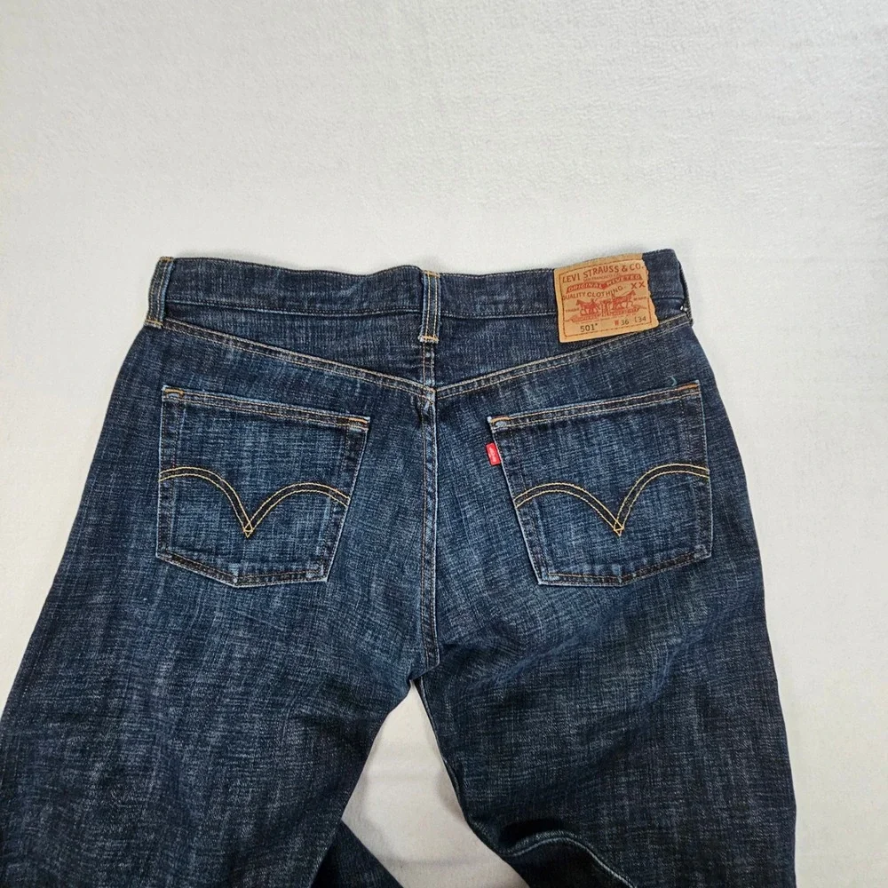 Levis 501 Mens Straight Leg Jeans Dark Wash Indigo Button Fly 36x34 Denim NWOT - Picture 9 of 11